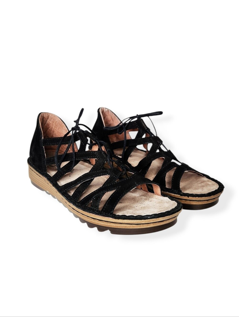 Naot Yarrow Black Nubuck Leather Lace-Up Cutout Women's Sandals Size 40 10